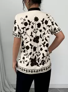 Selianne Elegant Commuter Floral Print Notch Collar Blouse - Black - View 2