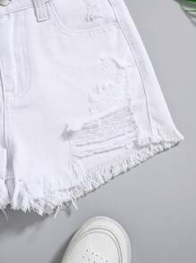 SHEIN Tween Girls Spring Summer Boho Ripped Raw Hem Denim Jeans Shorts,Girls Summer Clothes Outfits - White - View 5