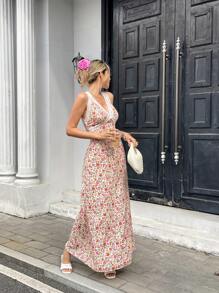 Pariaura 女士优雅法式蕾丝拼接花卉印花无袖连衣裙 - 彩色 - 查看 1