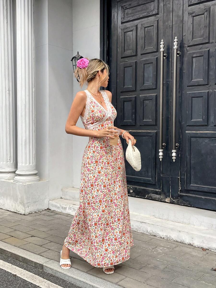 Pariaura 女士优雅法式蕾丝拼接花卉印花无袖连衣裙 - 彩色 - 查看 1