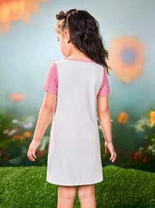 SHEIN X Care Bears Young Girl Colorful Heart And Bear Print Pink And White Cute Sweet Short Sleeve Dress - Multicolor - View 2