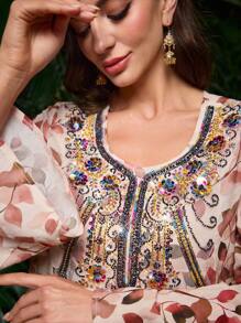 Al Najma Elegant Flare Sleeve Sequins Front Flounce Hem Arabic Style Women Long Dress, Spring/Summer, Arabian Dresses,Modest - Multicolor - View 7