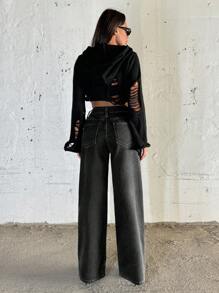 EURMUSE WOMEN WIDE LEG LOW WAIST JEANS - Light Grey - View 2