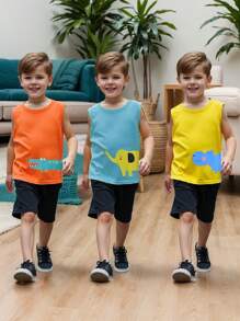 SHEIN Conjunto De Três Peças De Coletes Impressos Fofos Para Menino Jovem