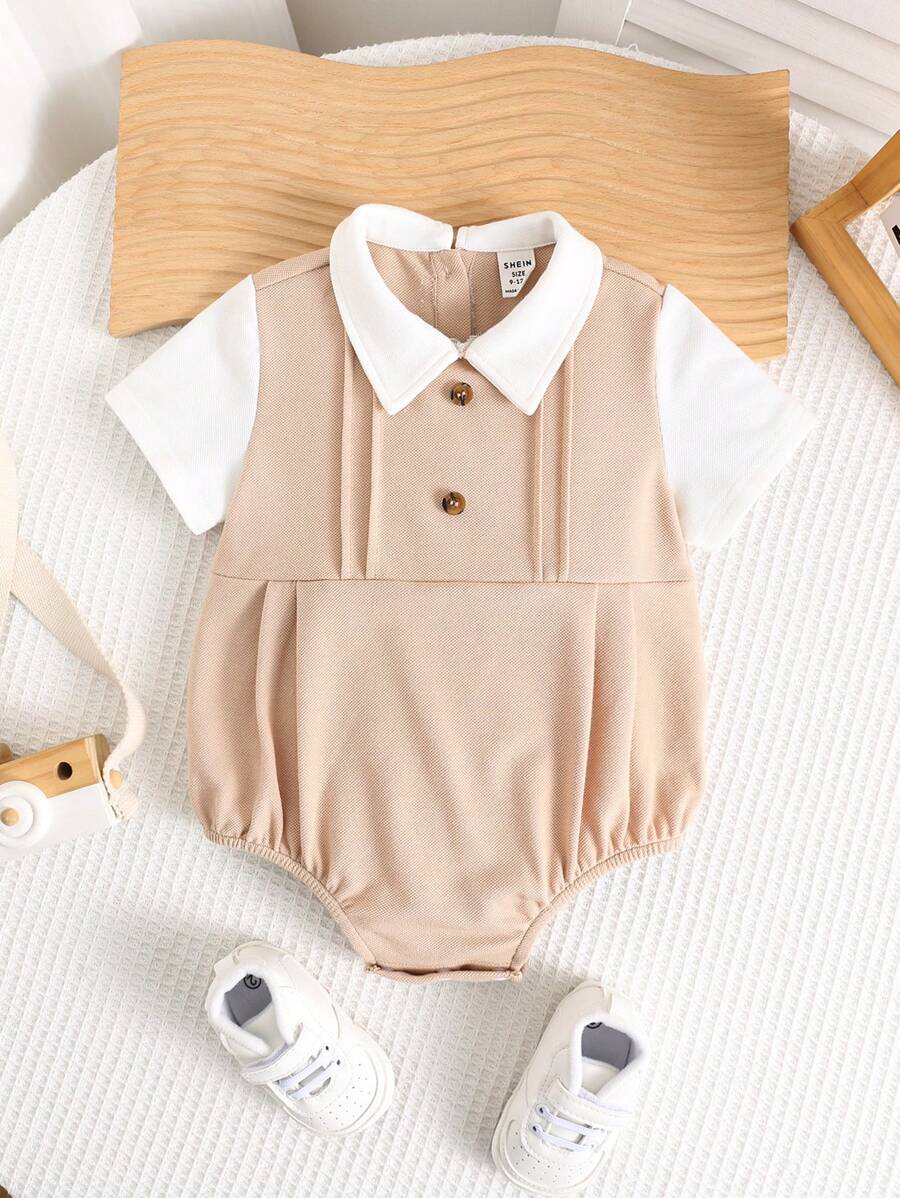 SHEIN Baby Boys Cute Summer 2 In 1 Color-Block Short Sleeve Lapel Bodysuit - Khaki - View 1