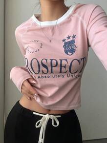 DAZY 字母图案撞色绑带 T 恤长袖女式上衣，秋季女装 - 粉色 - 查看 5