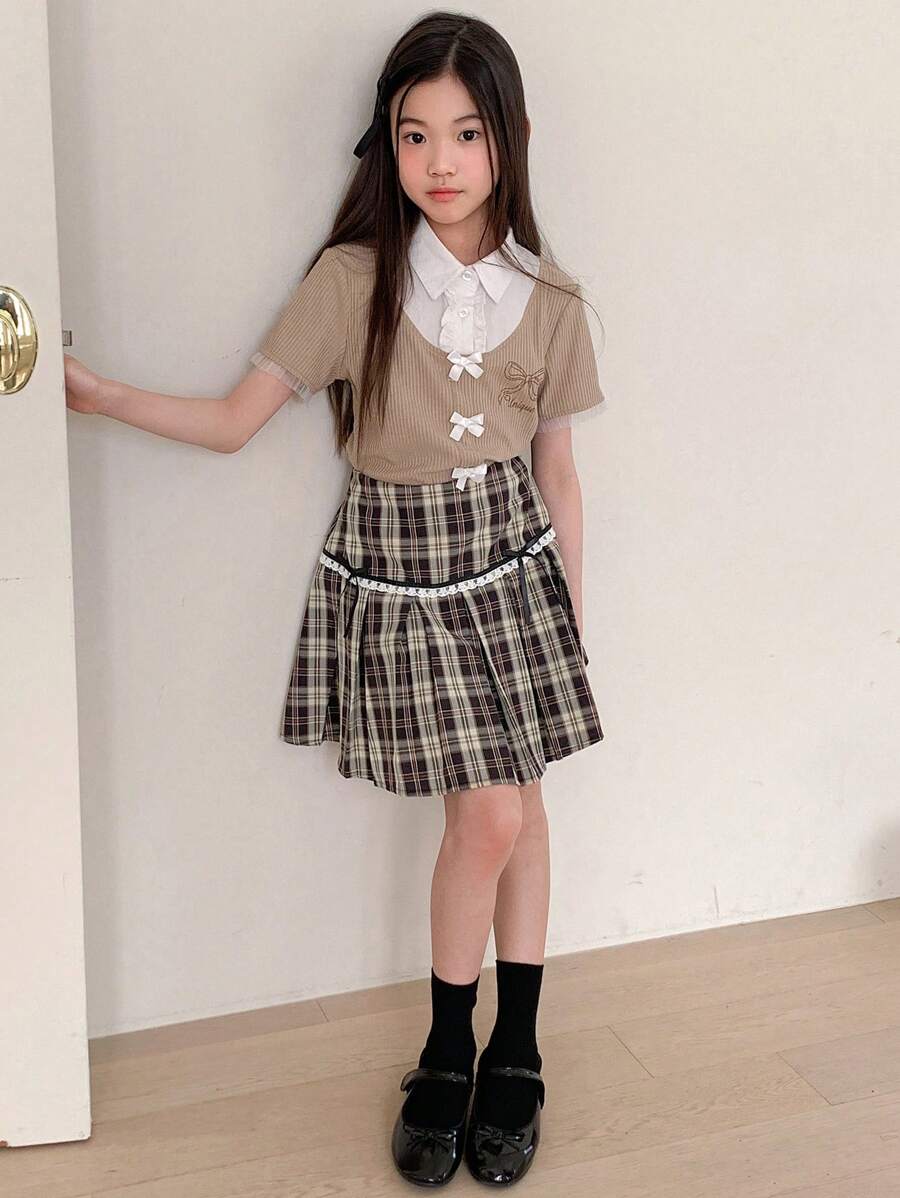 DAZY 2 件套 Tween Girl 二合一蝴蝶印花短袖 T 恤 + 编织格子裙套装，秋季 - 卡其色 - 查看 1