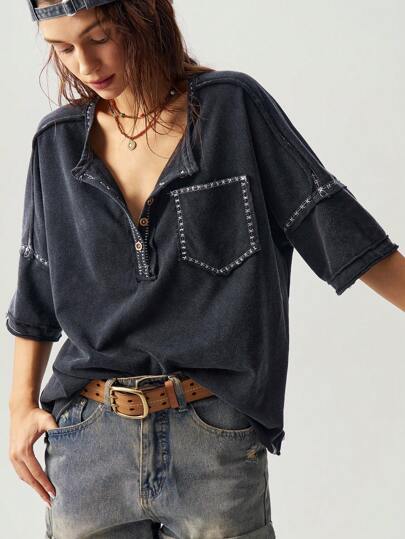 Bohemela Casual Solid Color Knitted Short Sleeve Partial Zip-Up Loose Washed Plus Size T-Shirt,Vintage