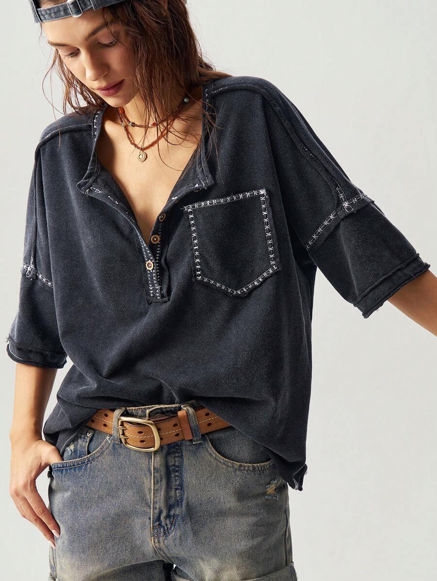 Bohemela 休闲纯色针织短袖部分拉链宽松水洗大码 T 恤 - 黑色 - 查看 1