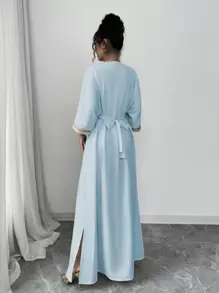 Chiquease 女士优雅贴花领流苏 V 领收腰中东斋月长裙 - 藍色 - 查看 2