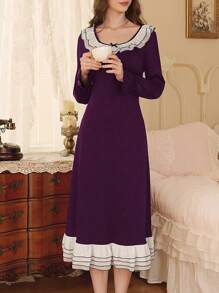 Côtesoire French Romantic Contrast Color Ruffle Hem Women Housedress Holiday Season, Vacation
