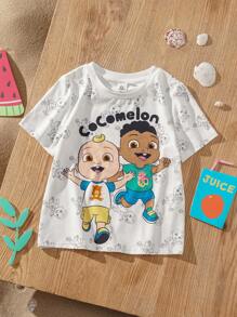CoComelon X SHEIN Maglietta casual a girocollo con maniche corte, stampa ragazzo cartoni animati, versatile, per ragazzi