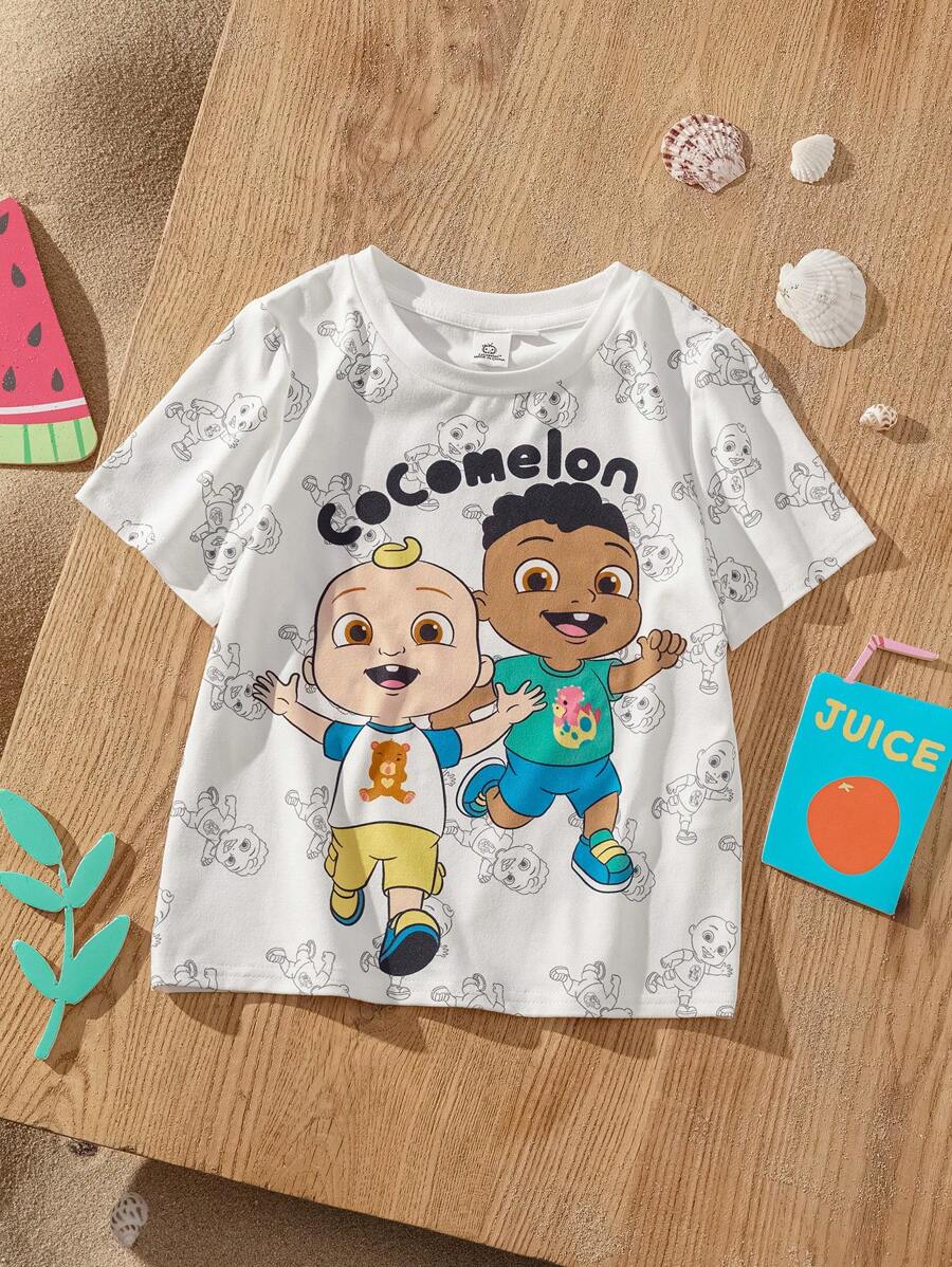 CoComelon X SHEIN Maglietta casual a girocollo con maniche corte, stampa ragazzo cartoni animati, versatile, per ragazzi