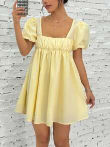 SHEIN EZwear 女士后系带泡泡袖迷你连衣裙 - 黃色 - 查看 4