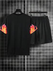 Manfinity LEGND 2pcs/Set Men's Casual Print Crew Neck Short Sleeve Top And Shorts Set