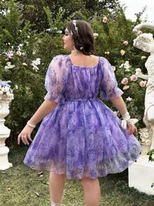 Flirla 大码女式复古花卉印花荷叶边方领 A 字形齐膝连衣裙，甜美优雅，春夏