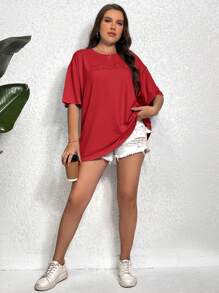 SHEIN Essnce Plus Embroidery Letter Pattern Drop Shoulder Tee Plus Size T Shirt Girls Red - Red - View 5