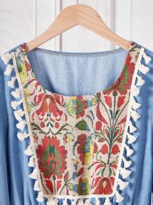 SHEIN Jacquard Tassel Collar Blue Denim Dress For Teenage Girls - Light Wash - View 5