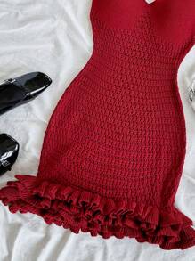 Soleia Vacation Backless Ruffled Halter Sweater Dress - Red - View 6