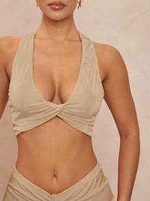 Lumalex 2 件套女士 U 领扭带低腰褶皱喇叭上衣和短裤套装 - 卡其色 - 查看 5