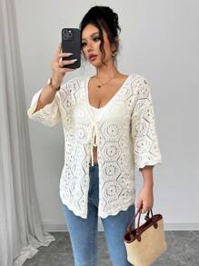 Elenzga Women's Summer Hollow Knitted Tie Front Cover Up, Casual Beach Cover Up