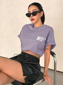 DAZY Slogan Graphic Drop Vai Tee CHERISH HIỆU QUẢ THỜI GIAN GIẤC MƠ - Màu Lilac Tím - Xem 6