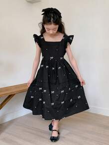DAZY Tween Girl Fall Clothes Square Collar Cap Sleeve Allover Print Embroidered Woven Summer Dress,Back To School Clothes