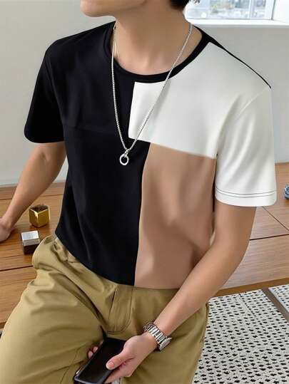 SHEIN 男童圆领短袖T恤，时尚拼布设计，休闲百搭，舒适简约