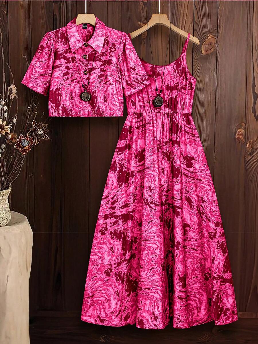 SHEIN Clasi 女士扎染短袖衬衫和吊带裙两件套，休闲假日风格 - 彩色 - 查看 1