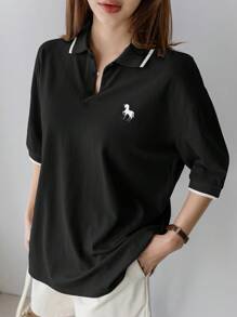 Dazy-Less Women Summer Colorblock Horse Embroidery Pattern Polo Neck T-Shirt Old Money Style Business Casual Woman Work Clothes