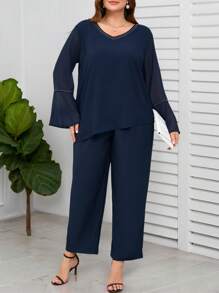 SHEIN Clasi 2pcs/Set Women Plus Size V-Neck Flared Sleeve Top And Pants Outfit - Navy Blue - View 4