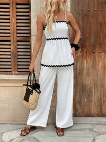Chiquease Ensemble élégant de 2 pièces pour femmes - Top à fines bretelles avec patchwork à rayures ondulées et pantalon casual taille haute - Noir et Blanc - Voir 2