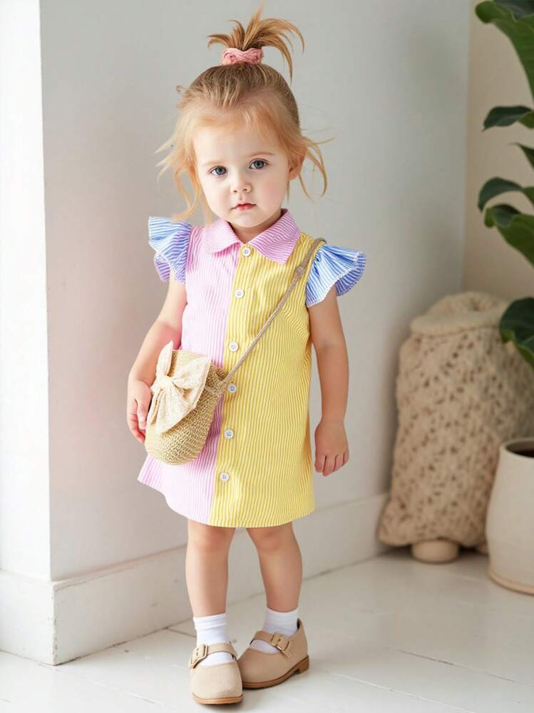 SHEIN Baby Girl Adorable Colorful Dopamine Striped Cap Sleeve Shirt Dress, Summer - Multicolor - View 1