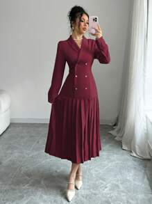 Elenzga 女士优雅通勤翻领双排扣收腰褶边长袖长裙，春/秋/冬长款女装