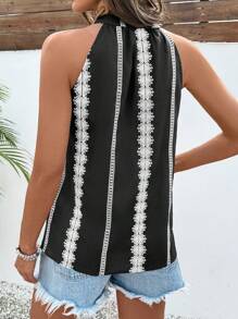 SHEIN LUNE Women's Lace Trim V-Neck Halter Shirt