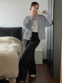 SHEIN Frenchy Chaqueta larga de punto de un solo abotonadura de manga larga y hombros caídos, de unicolor, para mujer, para otoño/invierno