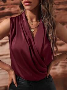 SHEIN Clasi Solid Ruched Overlap Collar Sleeveless Satin Blouse,Sleeveless Tops
