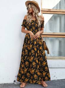 Breezaya 露肩碎花高开叉连衣裙 超长度假海滩装 女式 - 彩色 - 查看 4