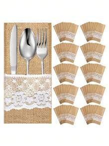 SHEIN 11*22Cm 亚麻蕾丝餐具架餐具袋，银器架刀叉袋亚麻餐巾袋，适用于婚礼派对、生日派对、家庭聚会、餐厅装饰礼物 5件/10件/20件/30件可选 - 彩色 - 查看 11