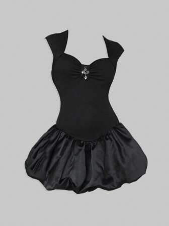 Vintage Gothic Mädchen Kreuz Deko Frauen Bubble Satin Mini Kleid