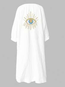 女式休闲长袖图案细节简约长裙 - 白色 - 查看 4