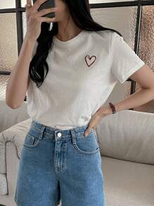 DAZY Women's Heart Print Short Sleeve T-Shirt Valentine's Day