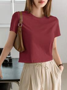 Dazy-Less 女士夏季纯色圆领短袖T恤商务休闲女士工作服 - 紅色 - 查看 5