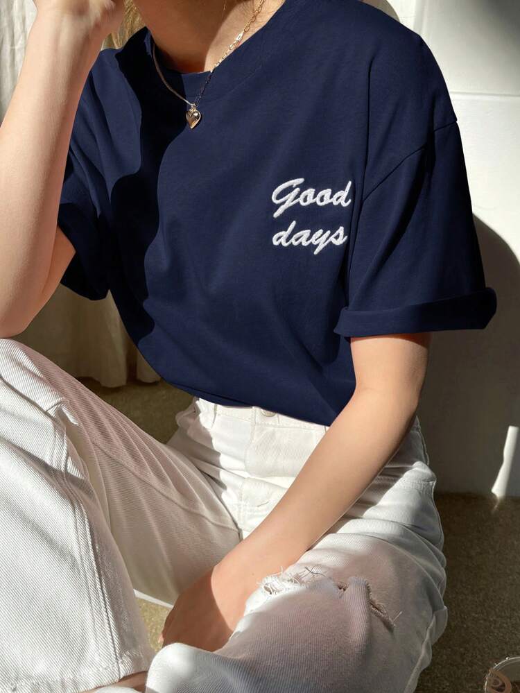 Women Embroidered Letter Short Sleeve T-Shirt Summer