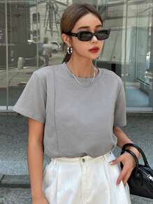 DAZY Solid Round Neck Tee For Summer,Business Casual Women - Light Grey - View 6