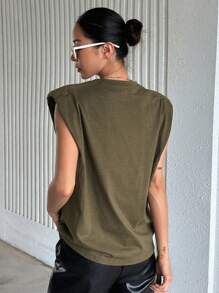 DAZY Solid Shoulder Pad Tee - Army Green - View 2