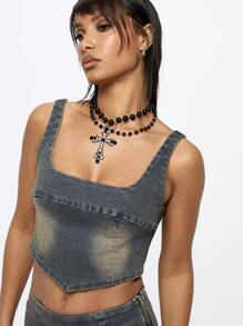 SUMWON WOMEN Distressed Denim Corset Top Bustier Festival Y2K Fashion Sleeveless Fitted Summer Streetwear Cropped Tank Western Raw Edge - Blue - View 5