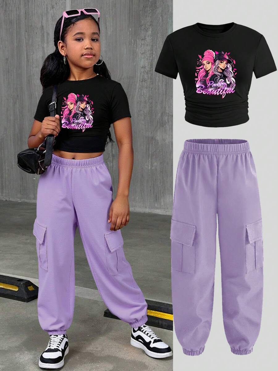 SHEIN Explorewe 青少年女孩卡通人物和字母印花圆领短袖 T 恤和工装裤休闲套装 - 黑色 - 查看 1