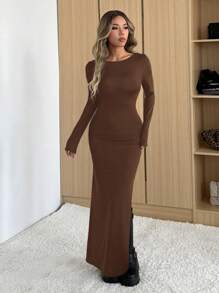 SHEIN Muchic Vestido largo ajustado de color café sólido de mujer con abertura alta, mangas largas y espalda descubierta, para uso casual. Falda larga y sexy de cuello alto para uso en la calle - Café integral - Ver 6