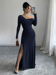 Siren Gaze 女士荷叶边腰单肩派对和节日连衣裙，长袖开衩紧身修身连衣裙，女士正装女士长袖连衣裙女士超长连衣裙女士蓝色连衣裙女士舞会礼服